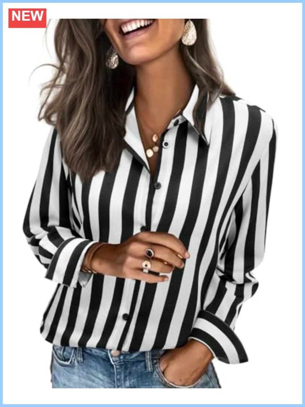 Women's Striped Button Down Long Sleeve Blouse Shirt Office Work Casual